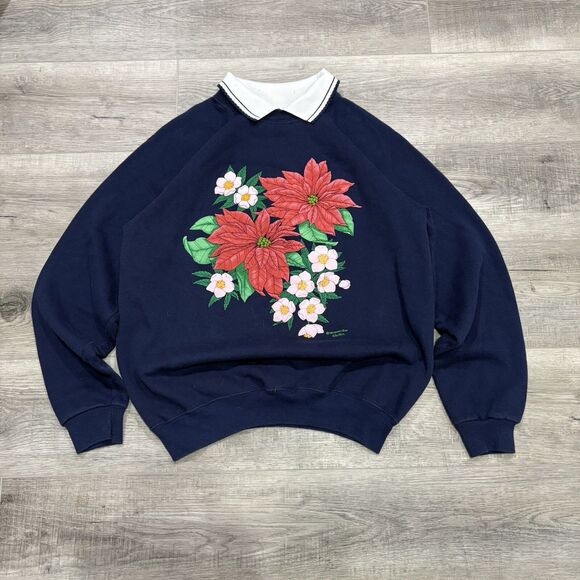 Vtg Morning Sun Collared Sweatshirt White Red Flowers Size L USA Blue Hanes - Picture 1 of 7